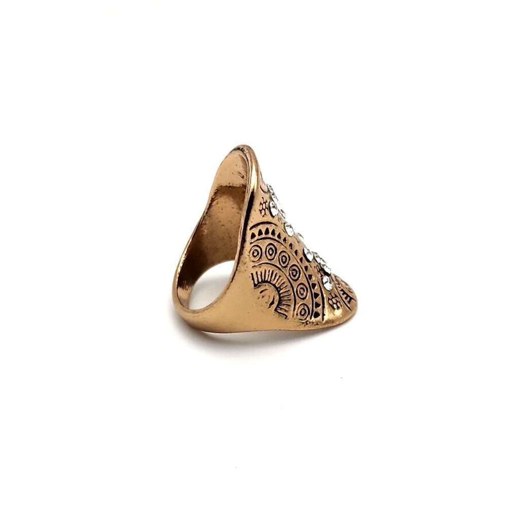 Gold Tone Tribal Engraved Statement Ring Women's Shield Rhinestone Boho Jewelry - Picture 3 of 10